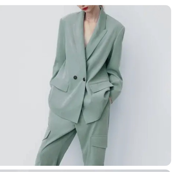 ZARA WOMAN NWT DOUBLE-BREASTED SOFT OVERSIZED BLAZER LIGHT GREEN | 8372/037 - Picture 1 of 10